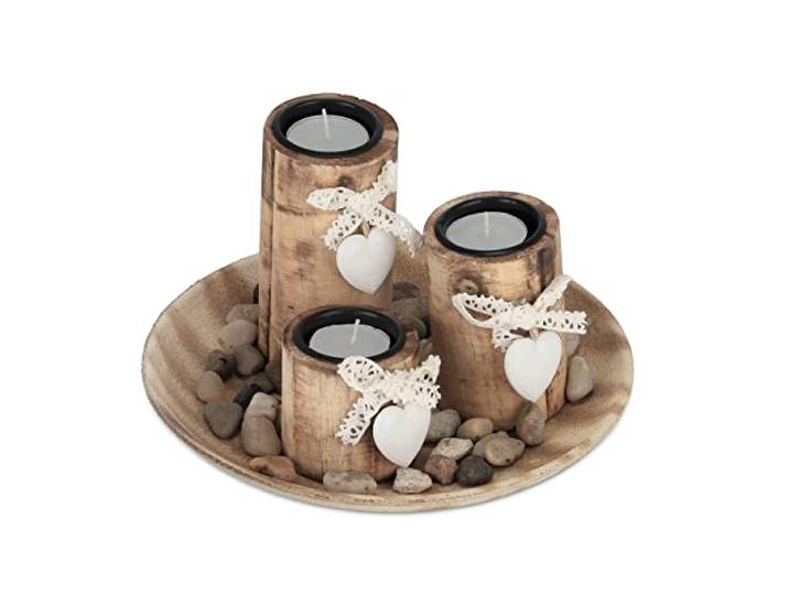 Relaxdays Bougeoirs lot\, Soucoupe décorative\, Bougies Chauffe-Plat et Pierres\, décoration de Table\, Bois\, Nature