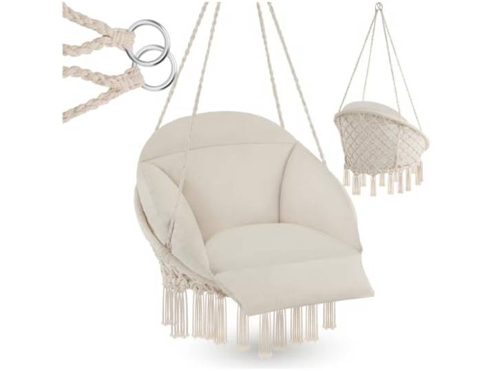 tectake® Hängesessel, Hängeschaukel mit dicken Kissen & Quasten, Boho Hängekorb Ø 80 cm, Hängesessel mit Gestell für Garten, Balkon und Wohnzimmer, Nestschaukel Outdoor & Indoor, Gartenstuhl - beige