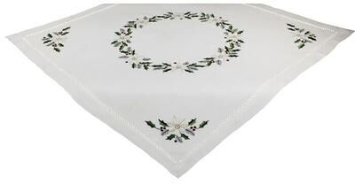 Xia Home Fashions Country Poinsettia Embroidered Hemstitch Table Topper, 34 by 34-InchWhite