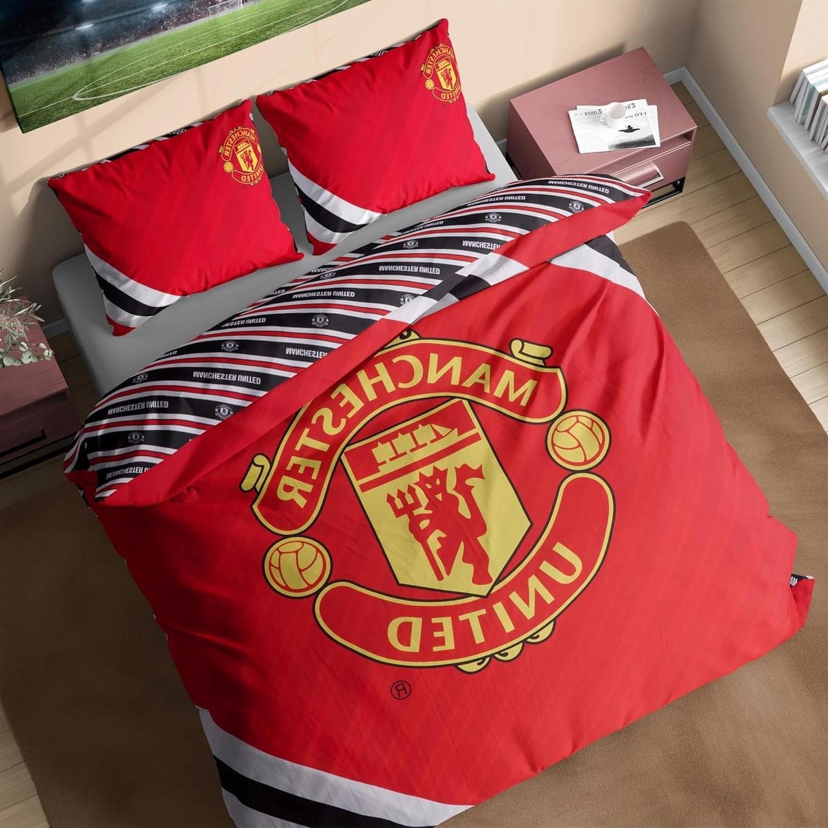Dekbedovertrekset Manchester United - Omkeerbaar Design - Zwart Rood - 200x200 cm
