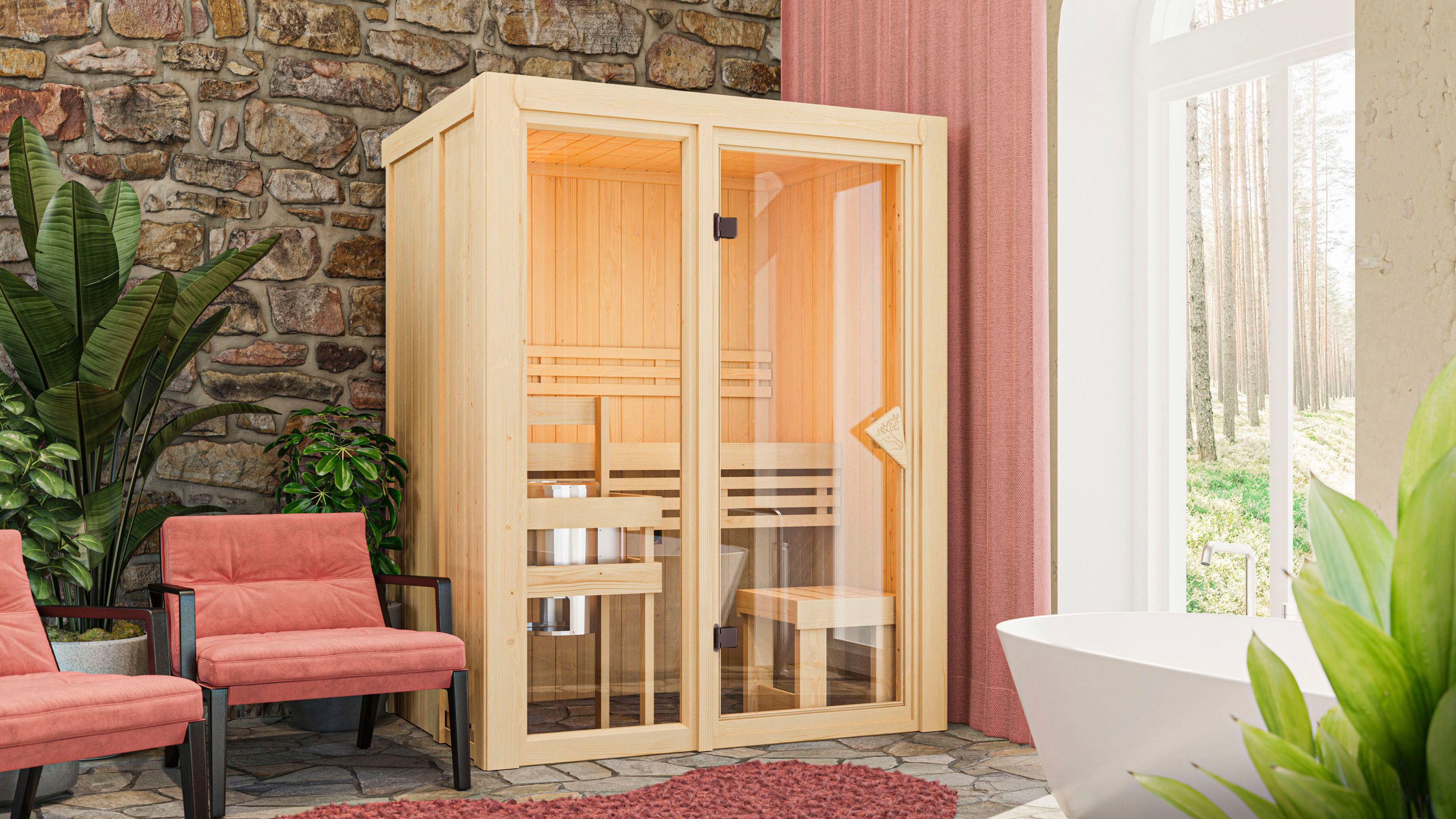 Sauna KARIBU "Alani 1", natur, Saunaofen, externe Steuerung, 3,6 kW, Saunen, Sauna, Ofen 3,6 kW externe Strg.easy