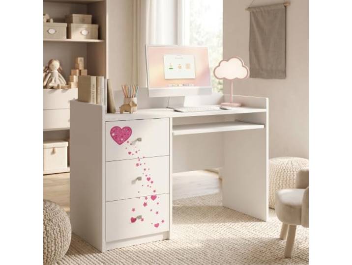 Happy Babies Weißer Kinderschreibtisch mit Schublade und Schrankfach, Schülerschreibtisch für Jungen & Mädchen, PC-Tisch Lerntisch mit Motiv (Nr 10)