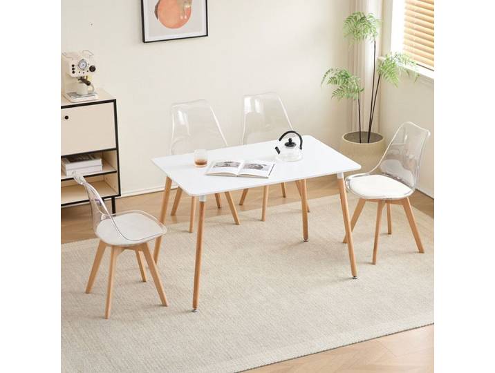 Ensemble Table et Chaises - Table rectangulaire - Moderne - 4 Chaises en acrylique transparent - Blanc