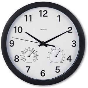Hama Wanduhr Malta, Kunststoff, analog, Quarzuhr, Ø 25 cm, schwarz, mit Thermometer & Hygrometer, lautlos