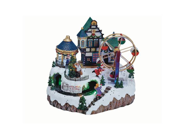 Spieluhr Weihnachtsmarkt, Blau, Grün, Weiß, Kunststoff, 34x26x29 cm, Dekoration, Weihnachtsdekoration, Winterdeko