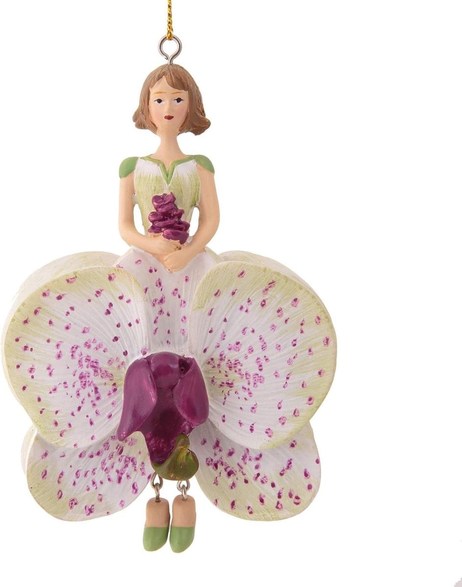 Bloemenmeisje Orchidee Decoratiefiguur - Handgeschilderd Kunsthars - Wit - Hoogte: 11 cm