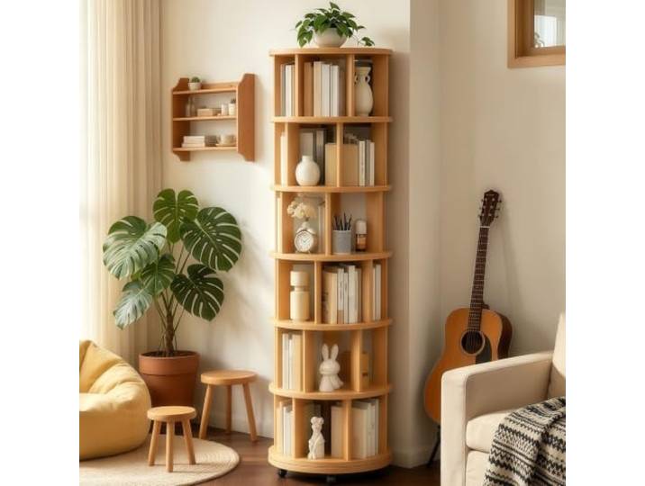 BOCXYTX Drehbares Bücherregal 360° mit Rollen Holz Regal Schlafzimmer Massivholz - Premium Qualität - Rundes Karussell - Feststellbaren Rollen Platzsparend Aufbewahrungsregal Organisator