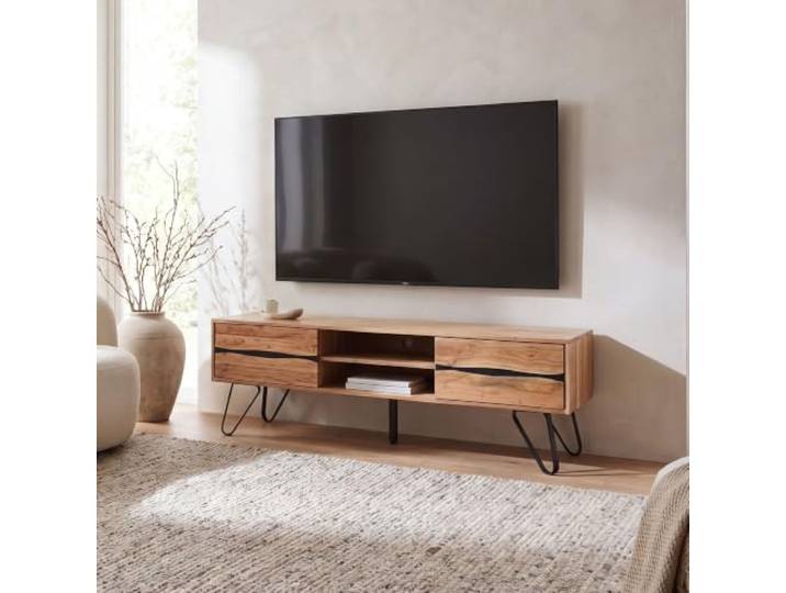 möbelando freiraum TV-Lowboard Akazie Massivholz 160 cm, Fernsehkommode im Industrial-Stil mit 2 Türen & 2 offenen Fächern, TV-Board mit schwarzen Metall-Haarnadelbeinen