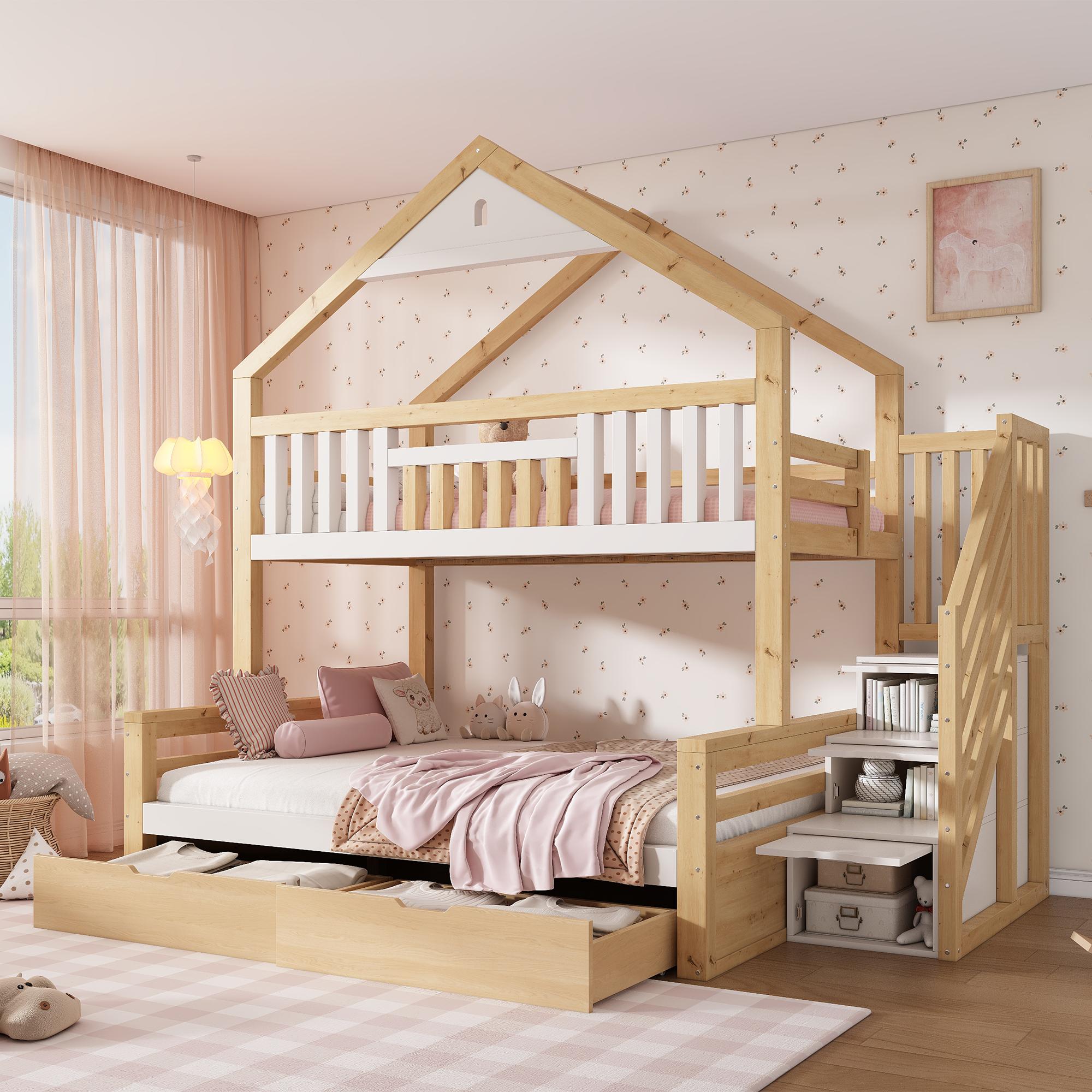Merax Etagenbett 90x200&140x20 cm mit 2 Schubladen, Hausbett mit Giebeldach, Treppe mit Stauraum, Sicherheitsgeländer, Kinderbett, Familienbett, Weiß