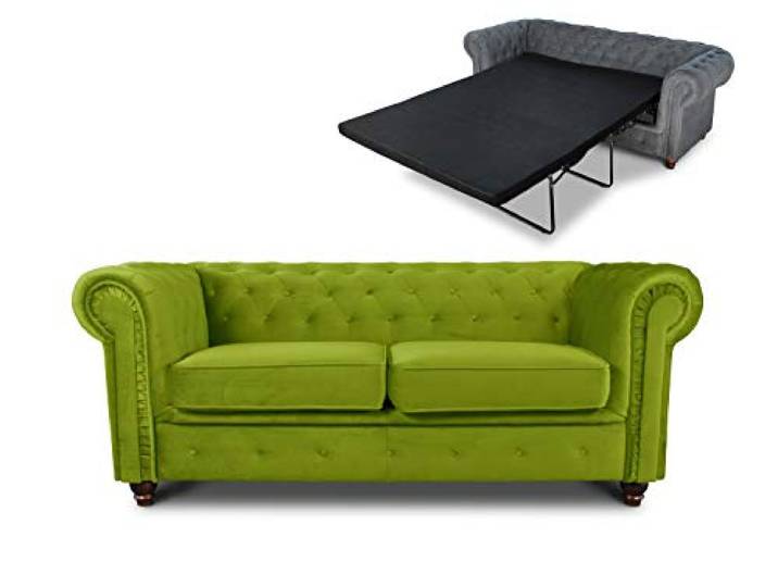 Sofnet - Schlafsofa Chesterfield Asti Bis 2-Sitzer (Hellgrün, Velvet 75) Bettsofa, Sofa mit Schlaffunktion, 2-Sitzer, Couch, Bettfunktion, Veloursstoff, Holzfüße, Chesterfield Stil