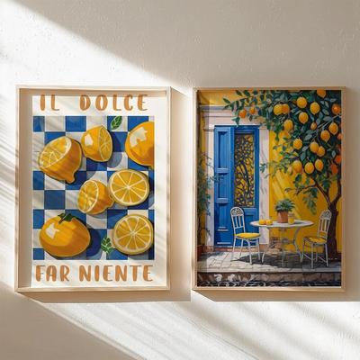 Italian Lemon Grove Canvas Art Cottagecore Lemon Wall Art & Italian Landscape Print Set 30x40cm Unframed 1