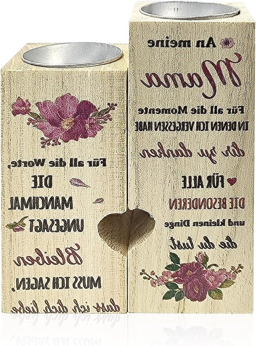 Allecto Plus Hartvormige houten kaarsenhouder met letters en design