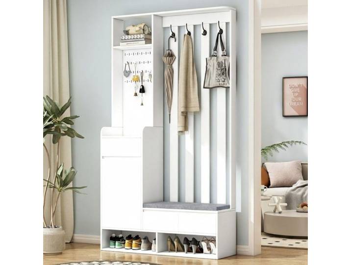 Vestiaire d'entrée - VVBV - 100x35x180 cm - Panneau perforé - Banc coussin - Rangement complet