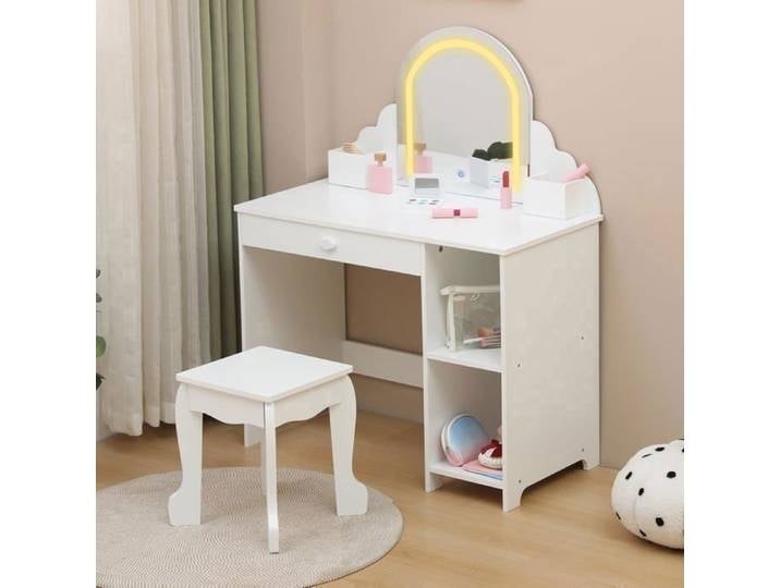 Ensemble de coiffeuse pour enfants – 1 Tiroir + Étagères Ouvertes Tabouret Inclus 80x40x100cm-Blanc