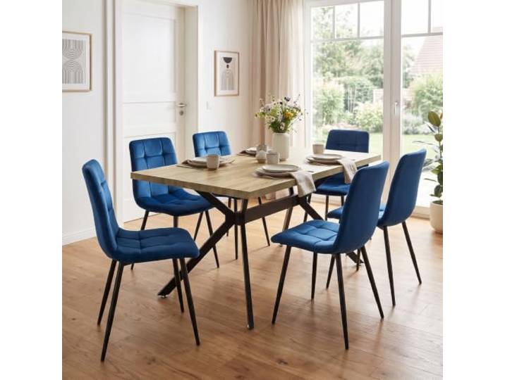 LEWE esstisch Holz mit 6 Dunkelblau Holländischer Samt stühlen Set Helle Rechteckig Tischplatte 140 x 80 cm, Stuhl-und Tischbeine aus Metall, ergonomisch, geeignet für Küche Wohnzimmer