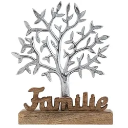 Amagohome Lebensbaum mit Schriftzug Familie Holzfigur 20x27cm Dekofigur Aluminium Mangoholz