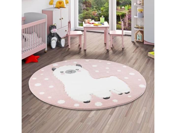 Tapis pour enfant - PERGAMON - Maui Kids - Rond - 160x160 cm - Motif lama alpaga rose