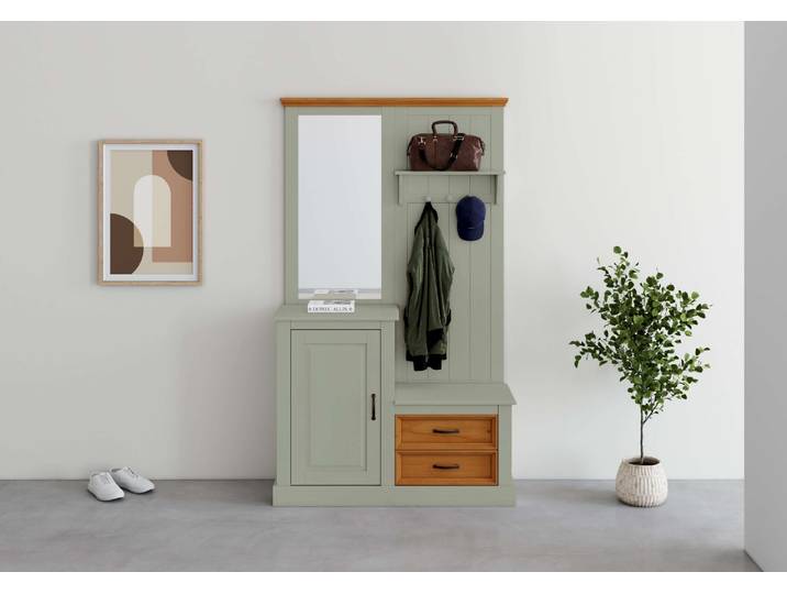Kompaktgarderobe GOODPRODUCT Selma Garderobe inkl. Kommode, 2 Schubkästen, Spiegel , grün (salbei grün, gebeizt), B:110cm H:185cm T:40cm, Massivholz, Schränke, Kompaktgarderobe, Kompaktgarderobe, mit Spiegel, Haken und Hutablage, Breite 110 cm