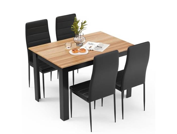 Mondeer 120cm Esstisch mit 4 Stühlen, Holz Küchentisch mit Hochlehner Stuhl Stühle Wasserfest und Leicht zu Reinigen, Hohe Rückenlehne,Polster Schön Weich,Eiche und Schwarz
