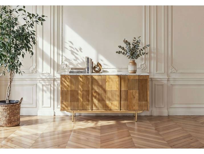 Sideboard Mango 150x40x80 hellbraun geölt / Marmor weiß MIAMI #101
