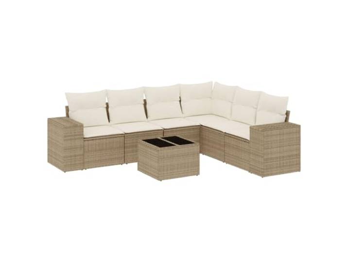 KTHLBRH Gartenmöbel-Set 7-teilig mit Kissen beige aus Polyrattan Tischplatte aus gehärtetem Glas, abnehmbare Kissen waschbar, Aufbewahrungsbox, verstellbare Füße, Montage erforderlich