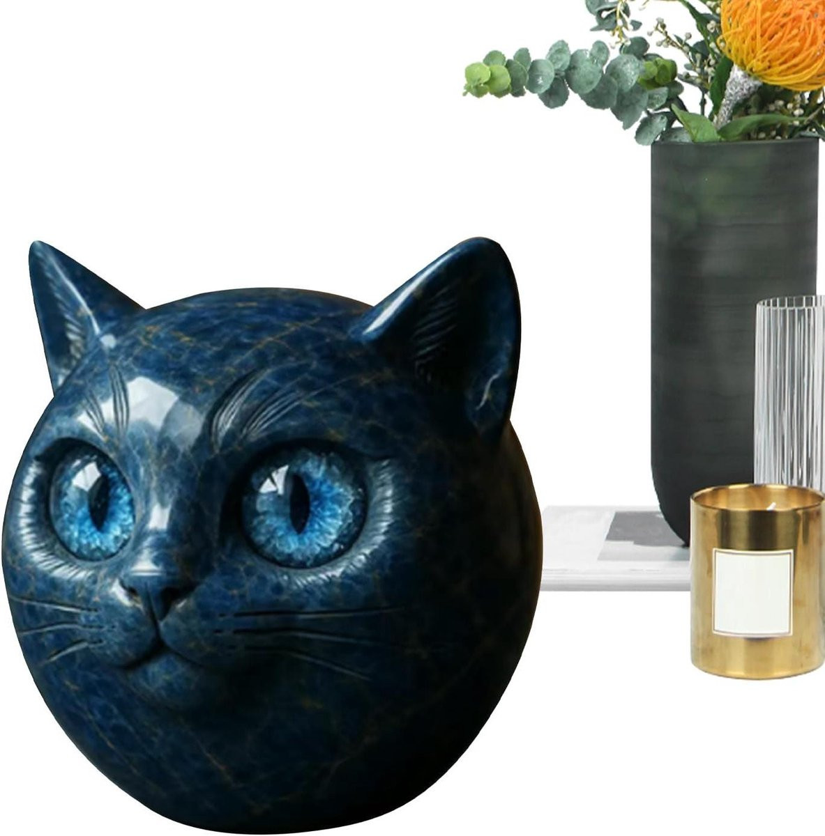 Zwart kattenbeeldje - Handgesneden miniatuur sculptuur voor woondecoratie - Hoogte: 7,6 cm