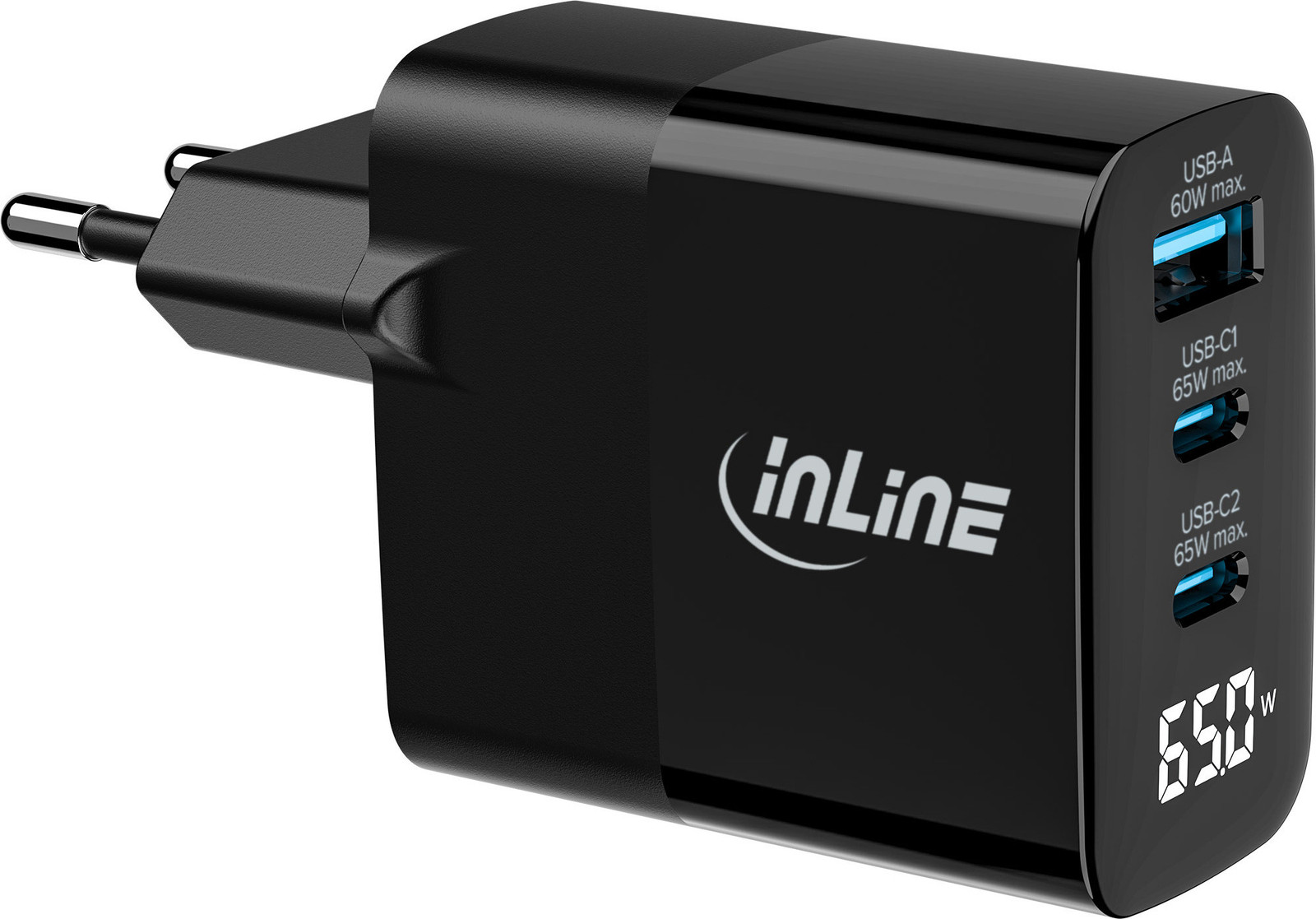 InLine USB PD-voeding GaN-oplader met display, 65W, 3-poorts (USB-C + USB-A)