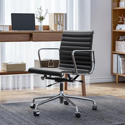 echamp Mid Back Genuine Leather Ergonomic Computer Ribbed Home Office Chair