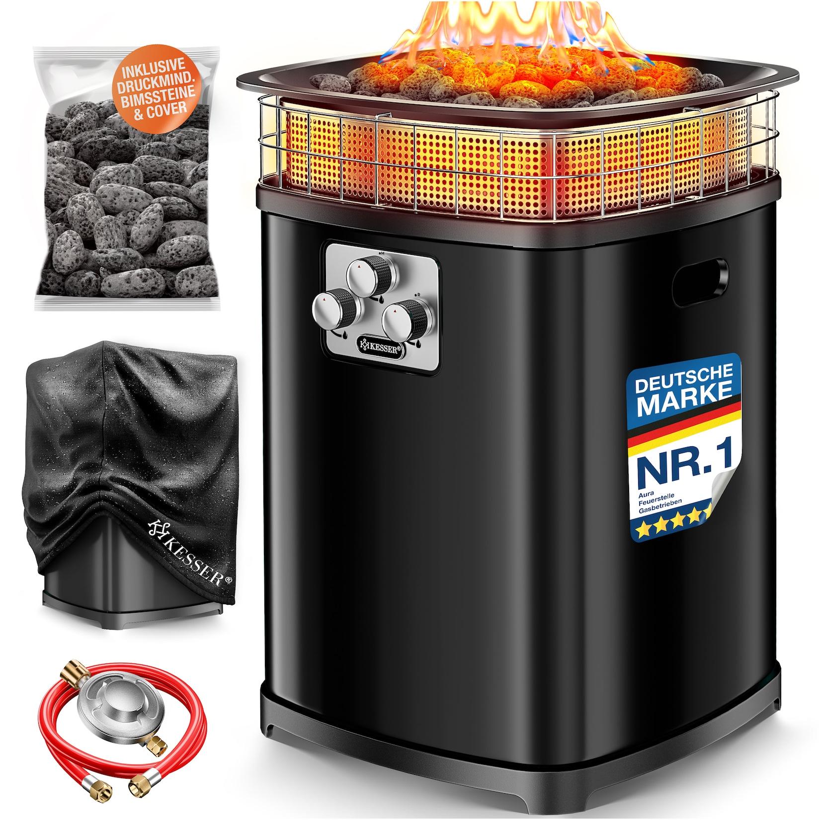 KESSER® Gas-Feuerstelle Aura, 18 kW Heizer, Outdoor, 360° Wärmeverteilung, Terrassenfeuer für Garten, Terrasse & Balkon, bis 120 m², Bimssteine, Schutzcover, Deckel, 6 Std. Brenndauer, IP54