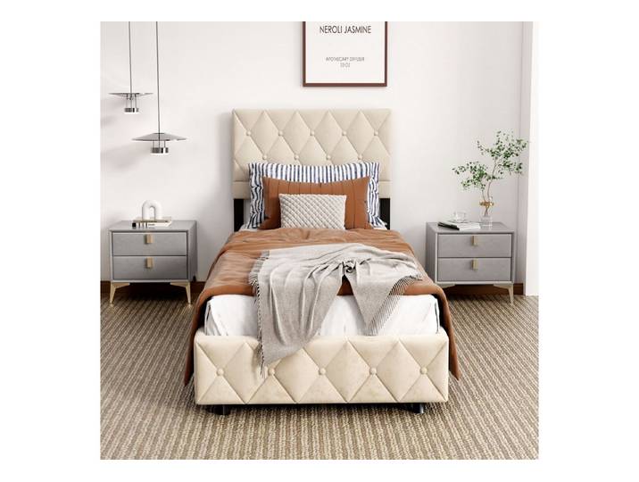 MODFU Polsterbett Schlichtes Design, Komfortbett mit Stauraum (90x200 cm Ausgezeichnete Atmungsaktivität, 90x200 cm, Beige, ohne Matratze), inkl. Lattenrost, praktischer Bettkasten