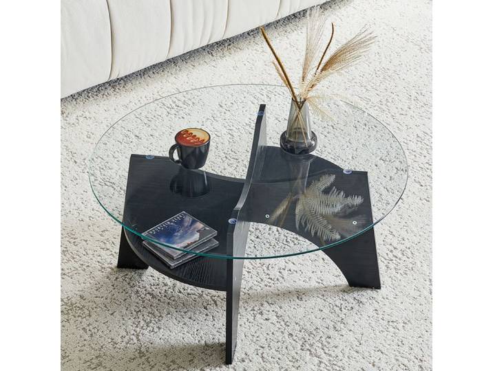 Table basse ronde en verre de sécurité Ø 80 cm - TCQPZ - MDF noir design moderne à monter soi-même hauteur 36 cm