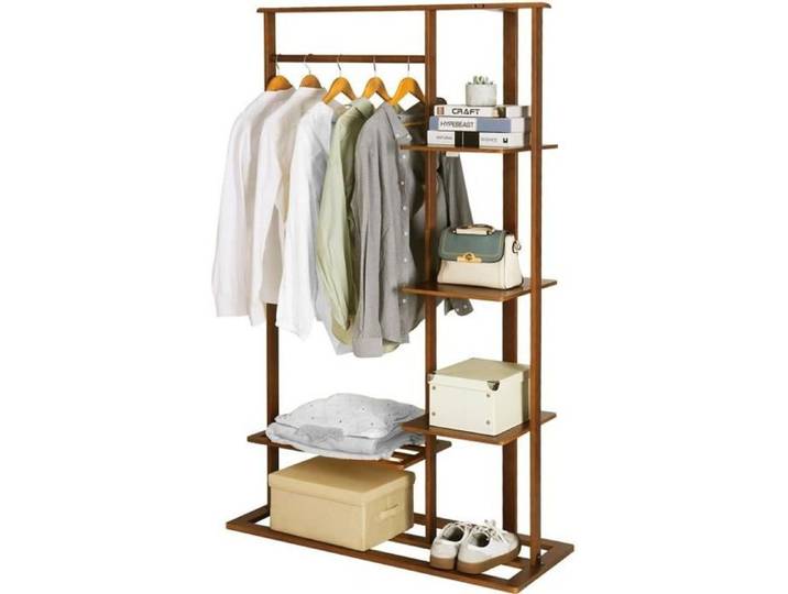 UNHO Portant à Vêtements en Bois Penderie Vêtement Dressing Porte Vêtement sur Pied Armoire Ouverte à 4 Étagères pour Entrée Salon