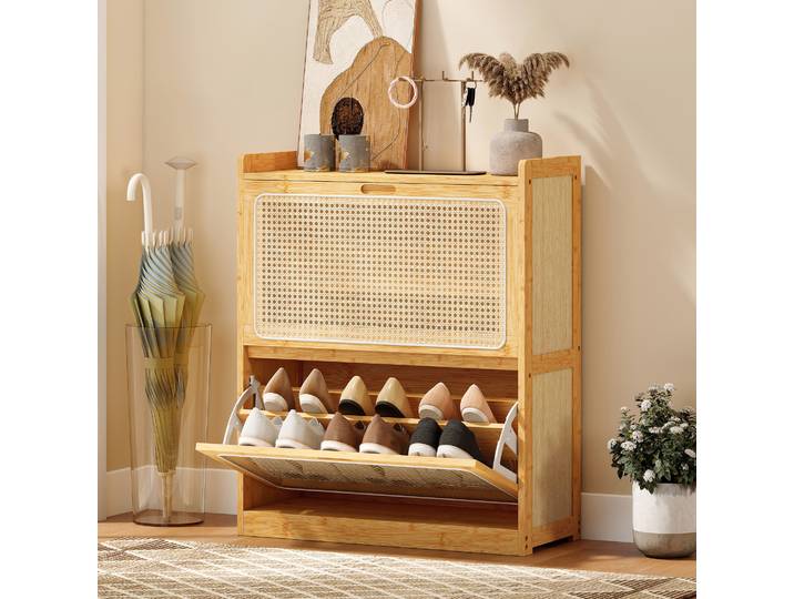 HOMCOM Meuble à Chaussures Bambou Rotin 2 Tiroirs 69x29x83cm