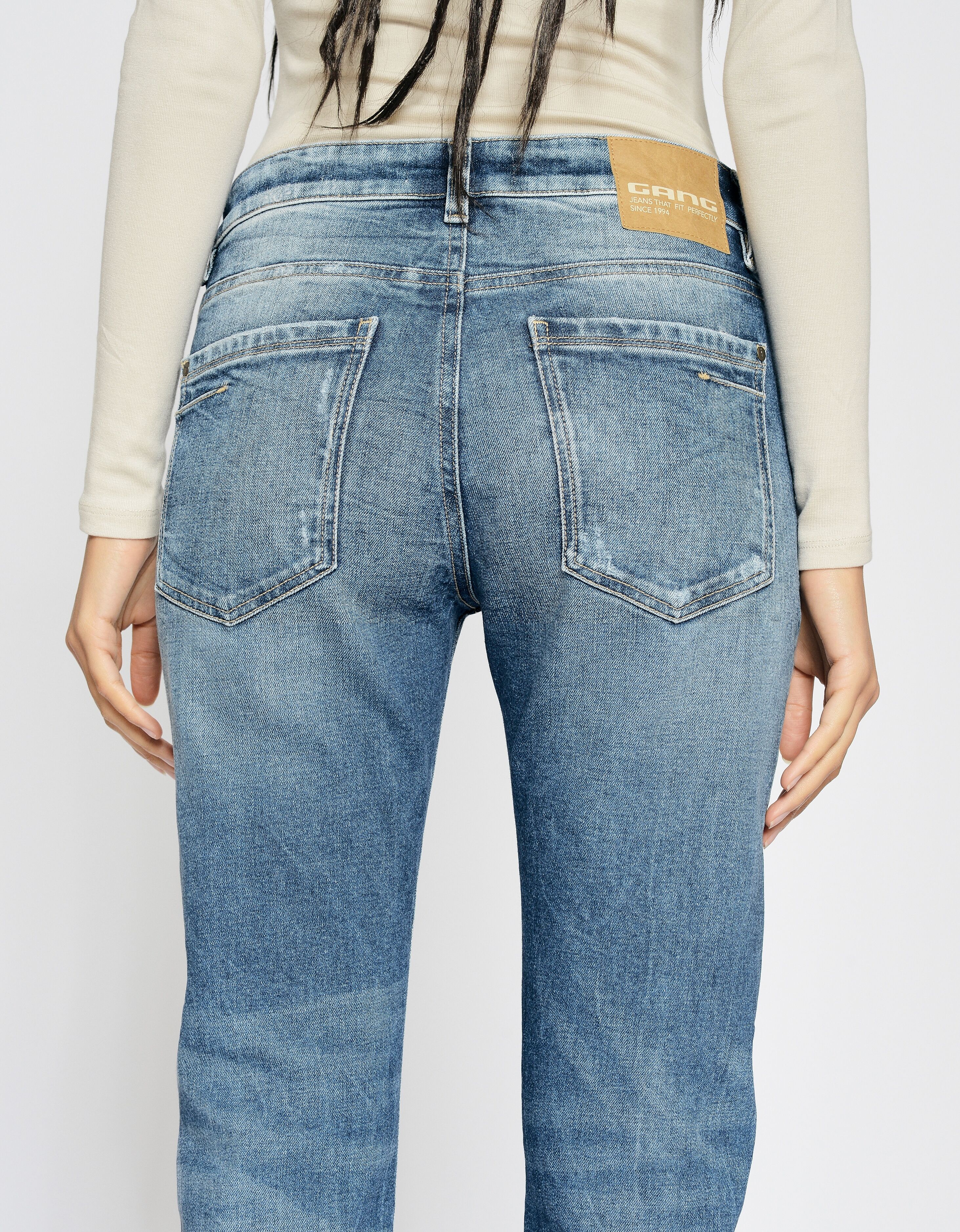 Boyfriend-Jeans GANG "94NICA WORKER", Damen, Gr. 32, N-Gr, blau (destroy denim), Denim/Jeans, Obermaterial: 90% Baumwolle, 8% Polyester, 2% Elasthan, regular fit knöchelfrei, Jeans Boyfriend-Jeans, cooler, androgyner Look, Topseller