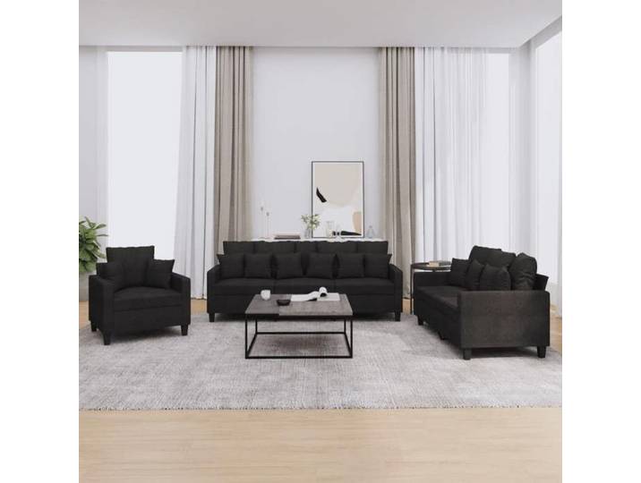 Ensemble canapés 3 pcs coussins noir tissu salon complet fonctionnel design moderne épuré
