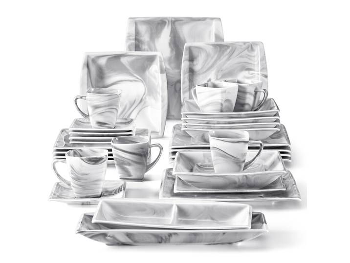 Service de table en porcelaine marbrée MALACASA 32 pièces, comprenant 2 grands plats, 6 assiettes plates, 6 assiettes à dessert, 6 assiettes à soupe, 6 tasses et 6 soucoupes.