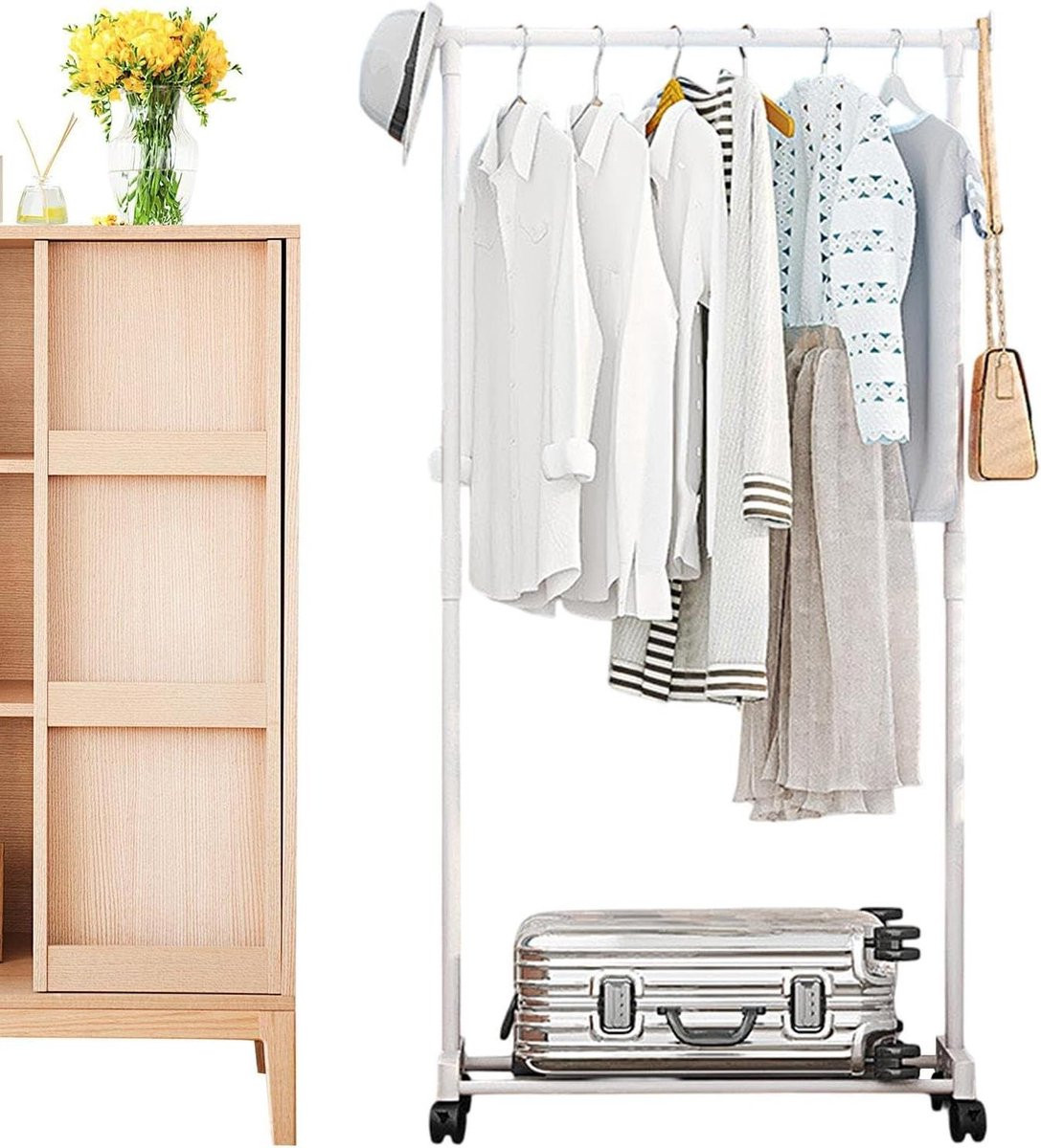Rolbaar kledingrek met plank voor het opbergen van uw kleding