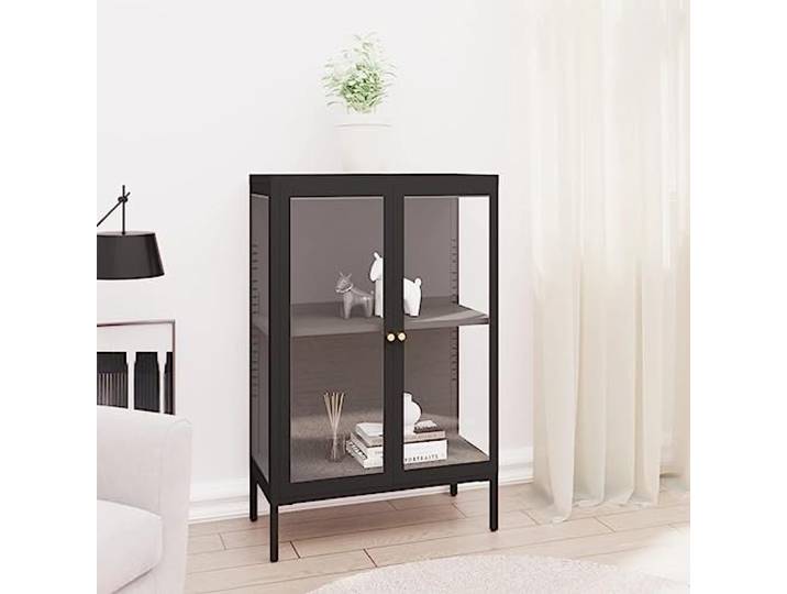 Elegantes Sideboard mit Glasfront und Stahlgestell, Stilvolles Sideboard mit Stahlkonstruktion und Glasfächern, mit verstellbaren Regalen und Glasabdeckung, Modernes mit Glas