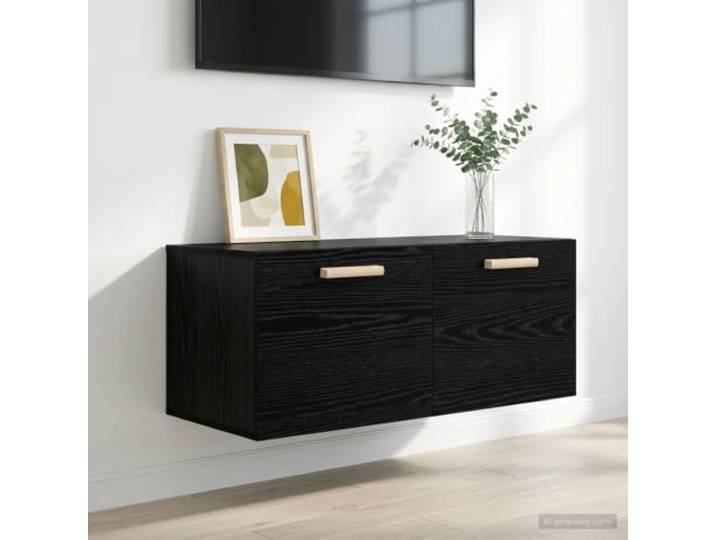 IBUQDDV Wandschrank mit 2 Fächern, Schwarz Eichen-Optik, Holzwerkstoff, 90-Grad-Pendeltür, gelbe Stangengriffe, robust, feuchtigkeitsbeständig, einfache Reinigung, für Wohnzimmer