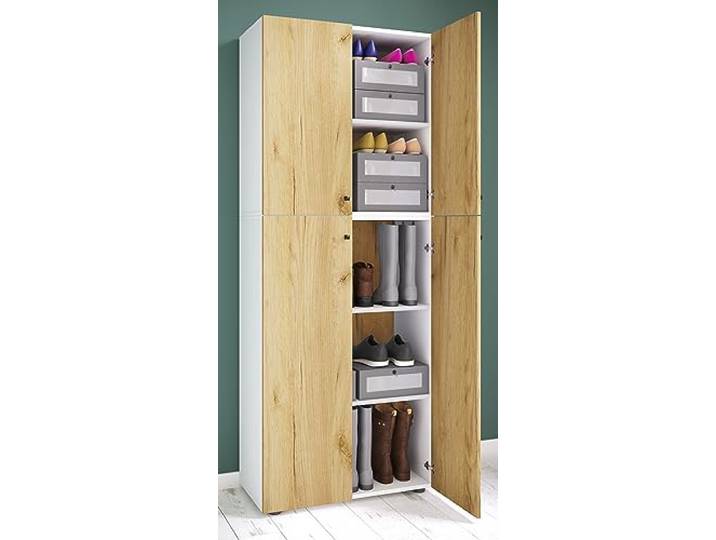 VCM Schuhschrank Weiß/Honig-Eiche 70x40x184 cm 4 Türen 5 Fächer Flur Verstaut Schuhe, Schals und Zubehör griffbereit - im Eingangsbereich - für Mieter und Eigentümer - Holzwerkstoff
