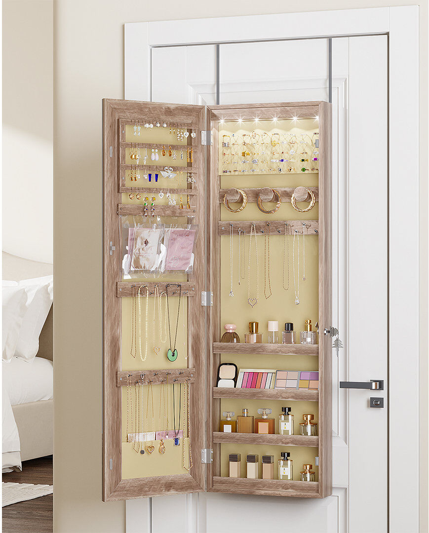 Brayden Studio Jewelry Cabinets with Mirror and LED Lights, Door Hanging/Wall Mounted Jewelry Armoire Brown 108cm H X 34cm W X 18cm D