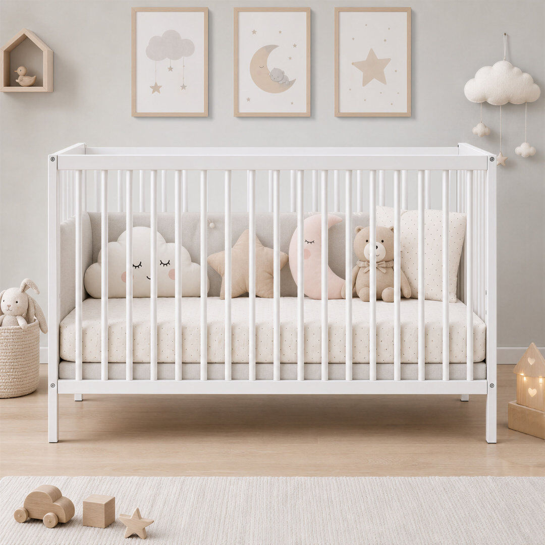 Harriet Bee 4-in-1 Round Spindle Guardrail Cot Bed White Standard