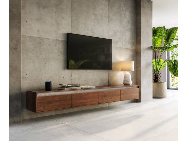 Meuble TVStonegrace 240 cm acacia marron ardoise 4 portes coulissantes