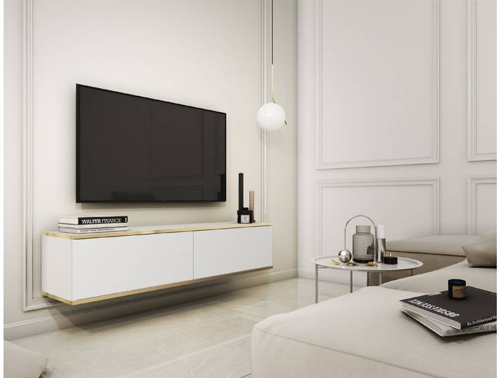 MOEBLO TV-Board Dayn RTV - 135 (Kompaktes TV-Board fuer kleine Raeume, 135cm, RTV-Schrank mit goldenen Einsätzen), (HxBxT):30x135x32cm