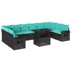vidaXL 11-teiliges Gartensofa-Set mit Kissen, schwarzes Polyrattan