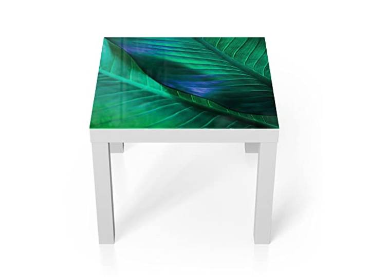 DEQORI Glastisch weiß klein 55x55 cm Motiv Tropenblattstruktur ausgefallener Beistelltisch aus Glas Hochglanz Couchtisch fürs Wohnzimmer moderner Couch Tisch mit Design