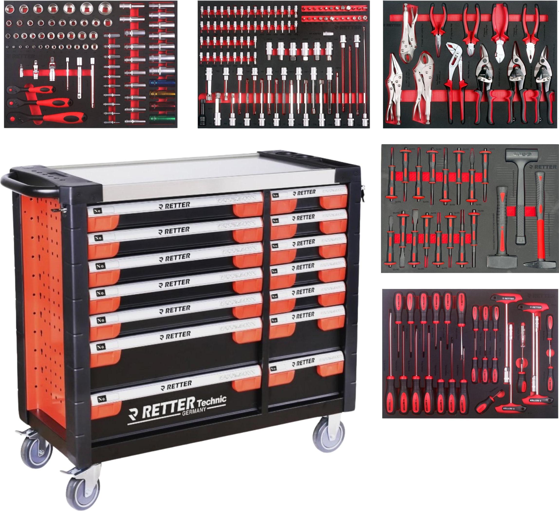 RETTER RS3 Werkstattwagen Werkzeugwagen 14 Schubladen mit Edelstahlplatte - 1020 x 460 x 1020 mm, Schwerlastrollen und Zentralverriegelung