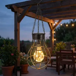 Industrielle Solarlampe aus Metall, Pendelleuchte, Haken: (18,5x18,5x27 cm), für Garten, Balkon, Terrasse, Vintage-Look, langlebig