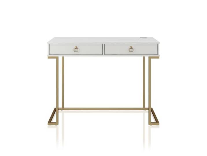 möbelando Konsolentisch >Majvi< in strahlendem Weiß mit luxuriösen goldenen Ringbeinen – Ideal für Flur oder Wohnzimmer, 2 praktische Schubladen, stilvolles Design, 106 x 79 x 50 cm (B/H/T)