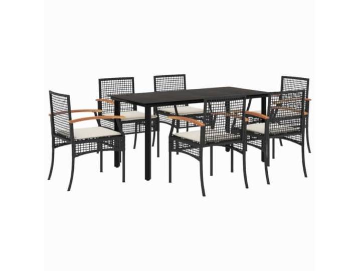 PUGYNBK 7er Set Esszimmer Set Rattan PE schwarz Kissen Sicherheitsglastisch, abnehmbare Bezüge abwaschbar, Stahlkonstruktion, max. 110 kg Sitzfläche